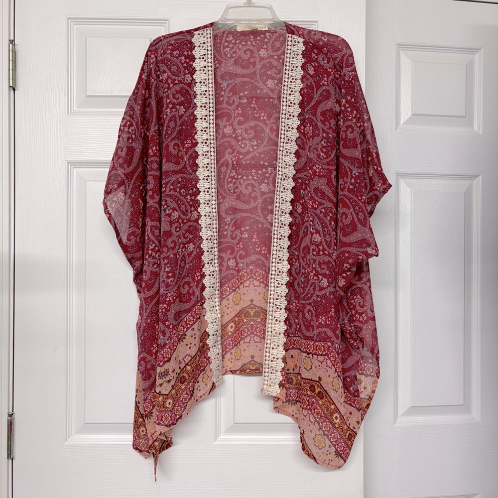 Rewind Kimono Cover Up Crochet Trim Paisley Print Sz XL